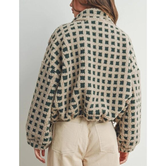 Women Sherpa Fleece Jacket Long Sleeve Checkered Warm Outwear with Pockets - Picture 2 of 6